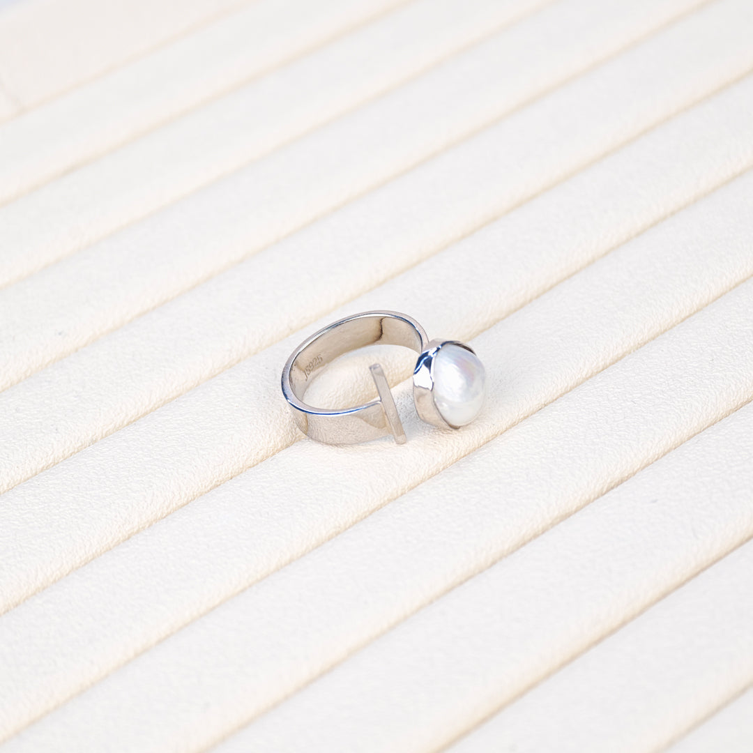S925 Silver - White Freshwater Keshi Pearl Ring | 13–14mm AAA Grade