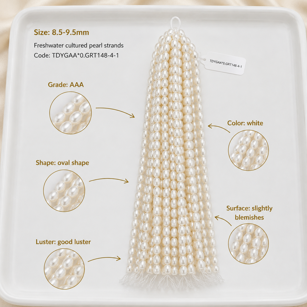 White Freshwater Pearl Strand | 8.5–9.5mm AAA Grade