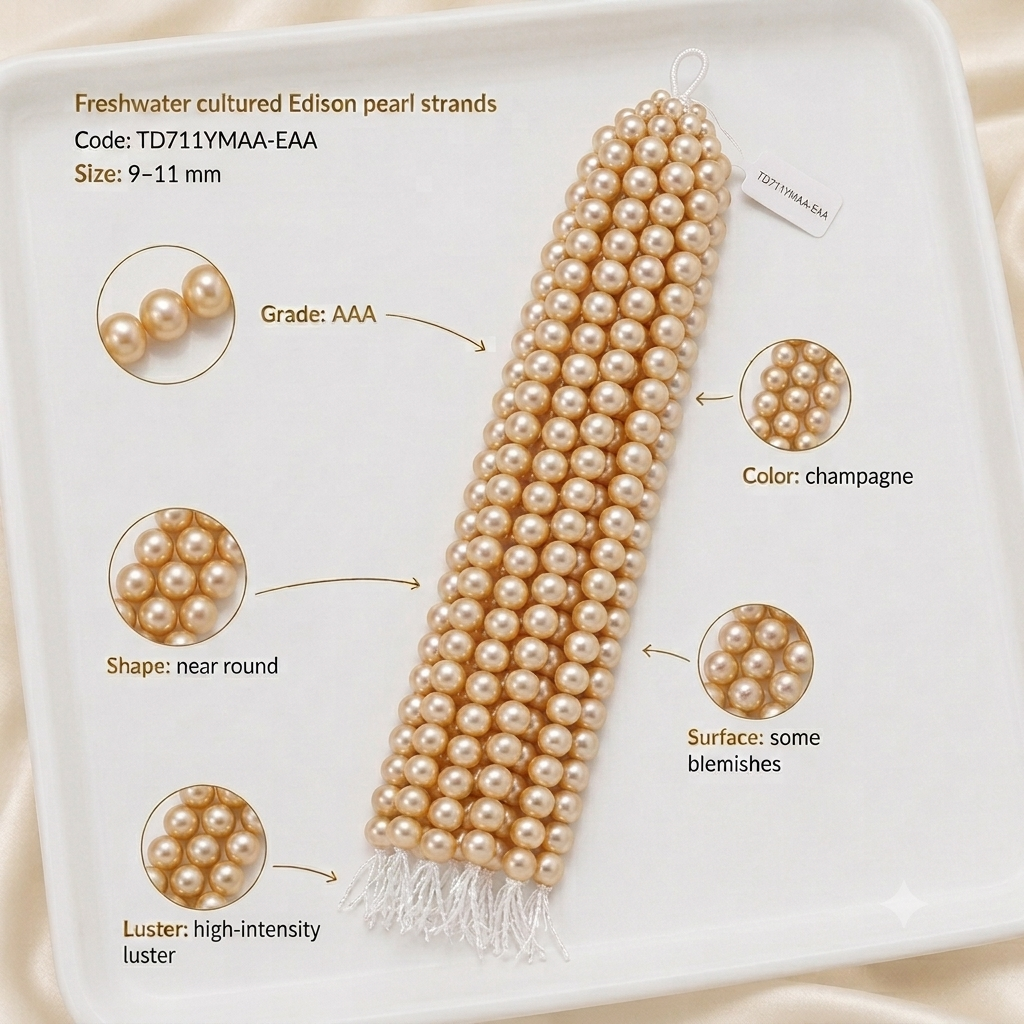 Champagne Freshwater Edison Pearl Strand | 9–11mm AAA Grade