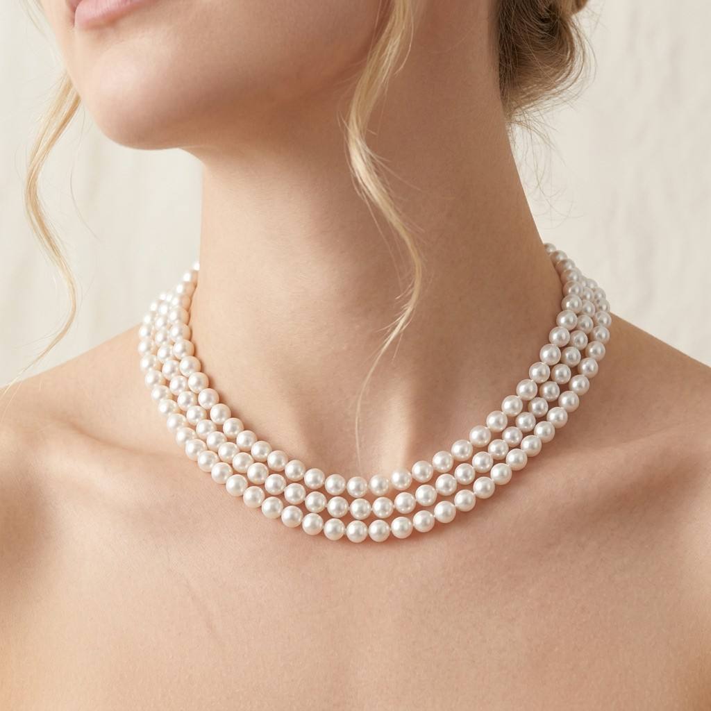 S925 Silver White Freshwater Triple Strand Pearl Necklace | 6.5–7mm AAA Grade