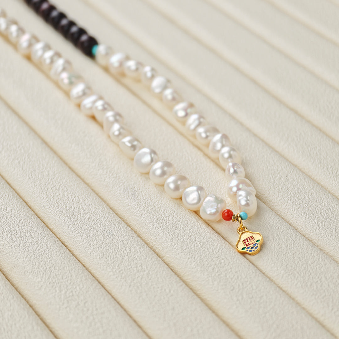 Ancient-Style Silver & Natural Materials - White Freshwater Pearl Necklace | 7–8mm AAA Grade