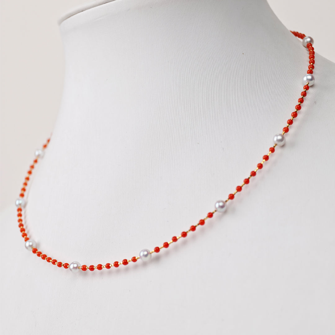 S925 Silver & South Red Agate - White Freshwater Pearl Necklace | 3–4mm AAA Grade