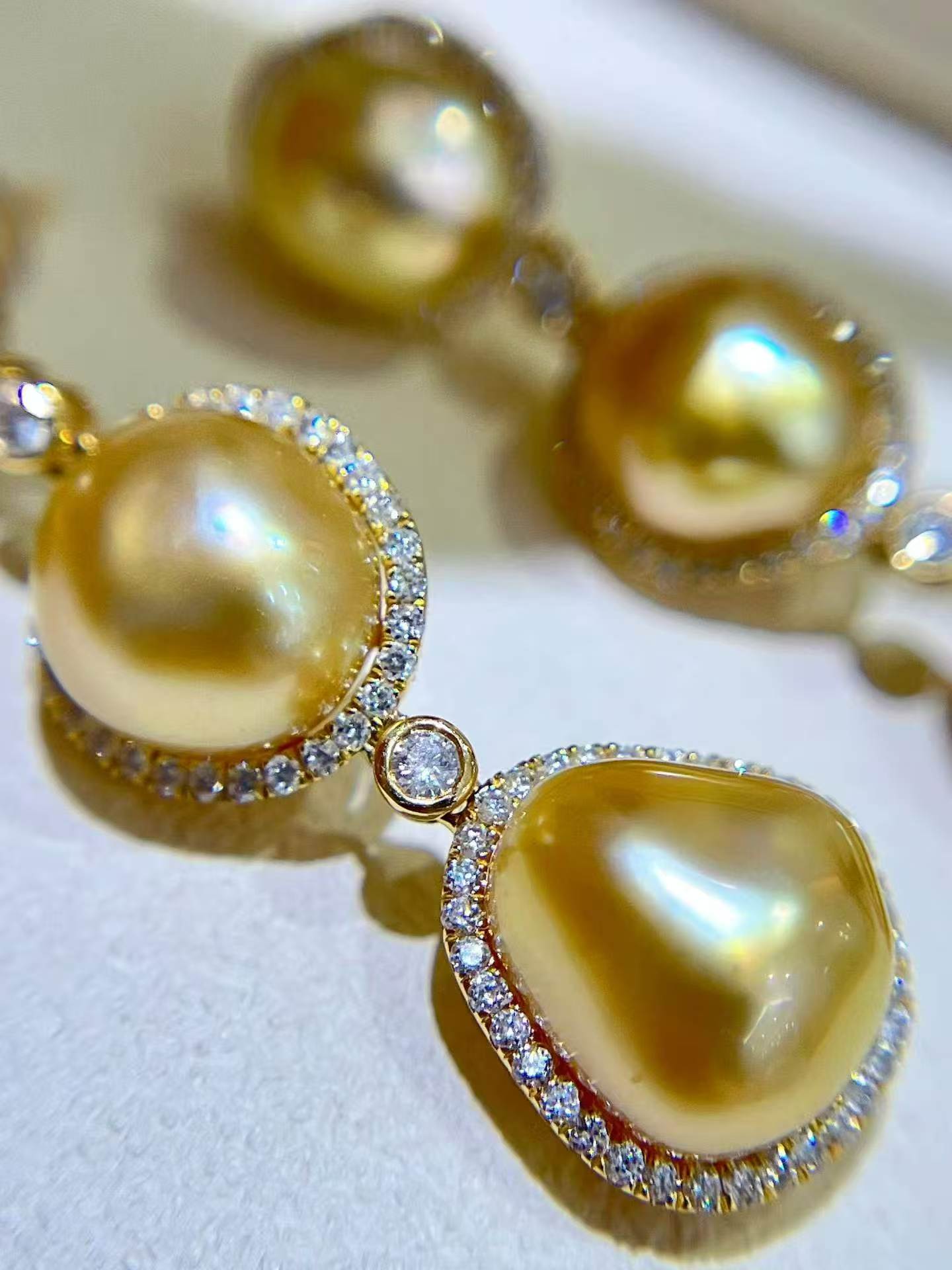 18K Gold & Natural Diamond - South Sea Golden Keshi Pearl Earrings | 8–10mm AAAA Grade
