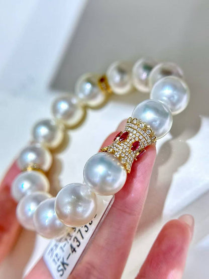 18K Gold & Diamond & Ruby - South Sea White Pearl Bracelet | 12.1–13.5mm AAAA Grade