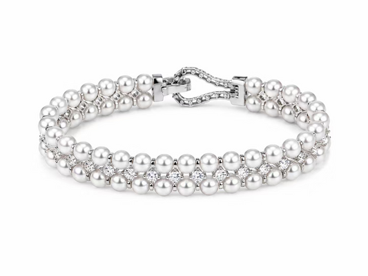 Freshwater White Round Pearl and S925 Sterling Silver Zircon Double-Row Bracelet