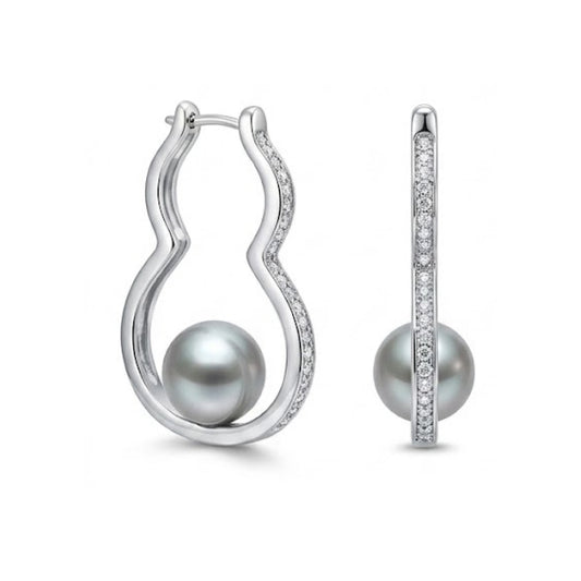 Natural Grey Akoya Madama Seawater Pearl Gourd Hoop Earrings (S925 Silver)