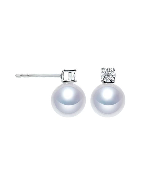 Classic Round Freshwater Pearl Stud Earrings with Sparkling Zircon – 8–10mm, Sterling Silver