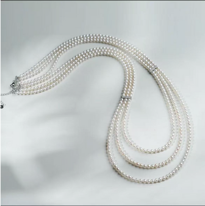 S925 Silver & Zircon - Freshwater Pearl Layered Sweater Necklace | 3–4mm