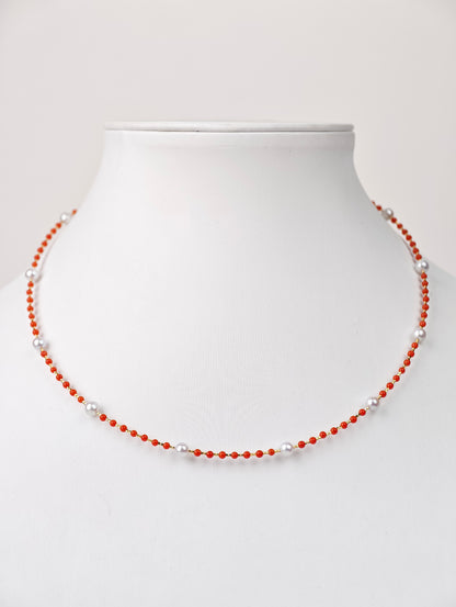 S925 Silver & South Red Agate - White Freshwater Pearl Necklace | 3–4mm AAA Grade