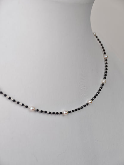 S925 Silver & Spinel - White Freshwater Pearl Necklace | 3–4mm AAA Grade | 40+3cm