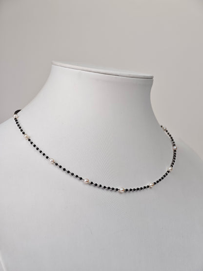 S925 Silver & Spinel - White Freshwater Pearl Necklace | 3–4mm AAA Grade | 40+3cm