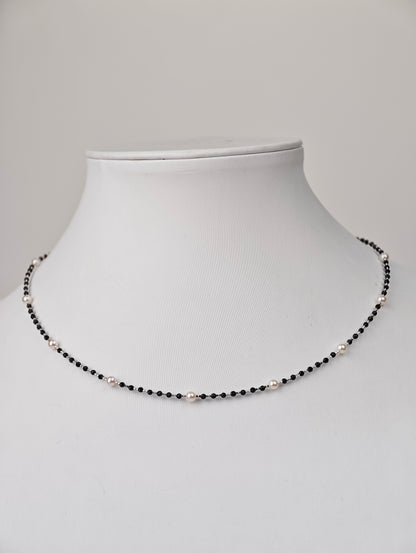 S925 Silver & Spinel - White Freshwater Pearl Necklace | 3–4mm AAA Grade | 40+3cm