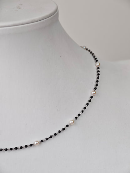 S925 Silver & Spinel - White Freshwater Pearl Necklace | 3–4mm AAA Grade | 40+3cm