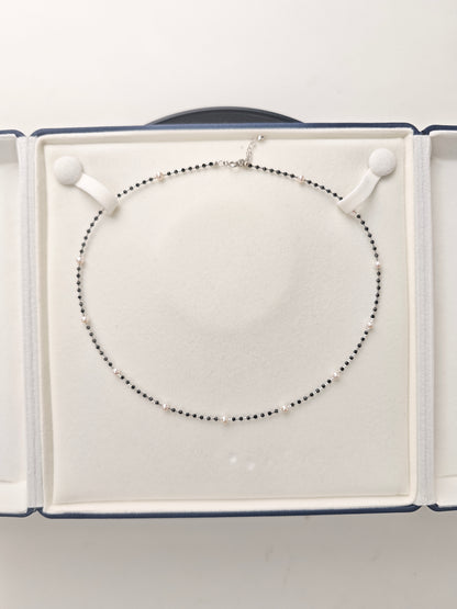 S925 Silver & Spinel - White Freshwater Pearl Necklace | 3–4mm AAA Grade | 40+3cm