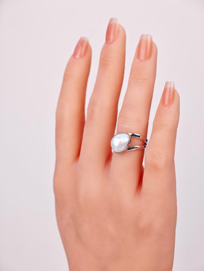 S925 Silver - White Freshwater Keshi Pearl Ring | 11–12mm AAA Grade