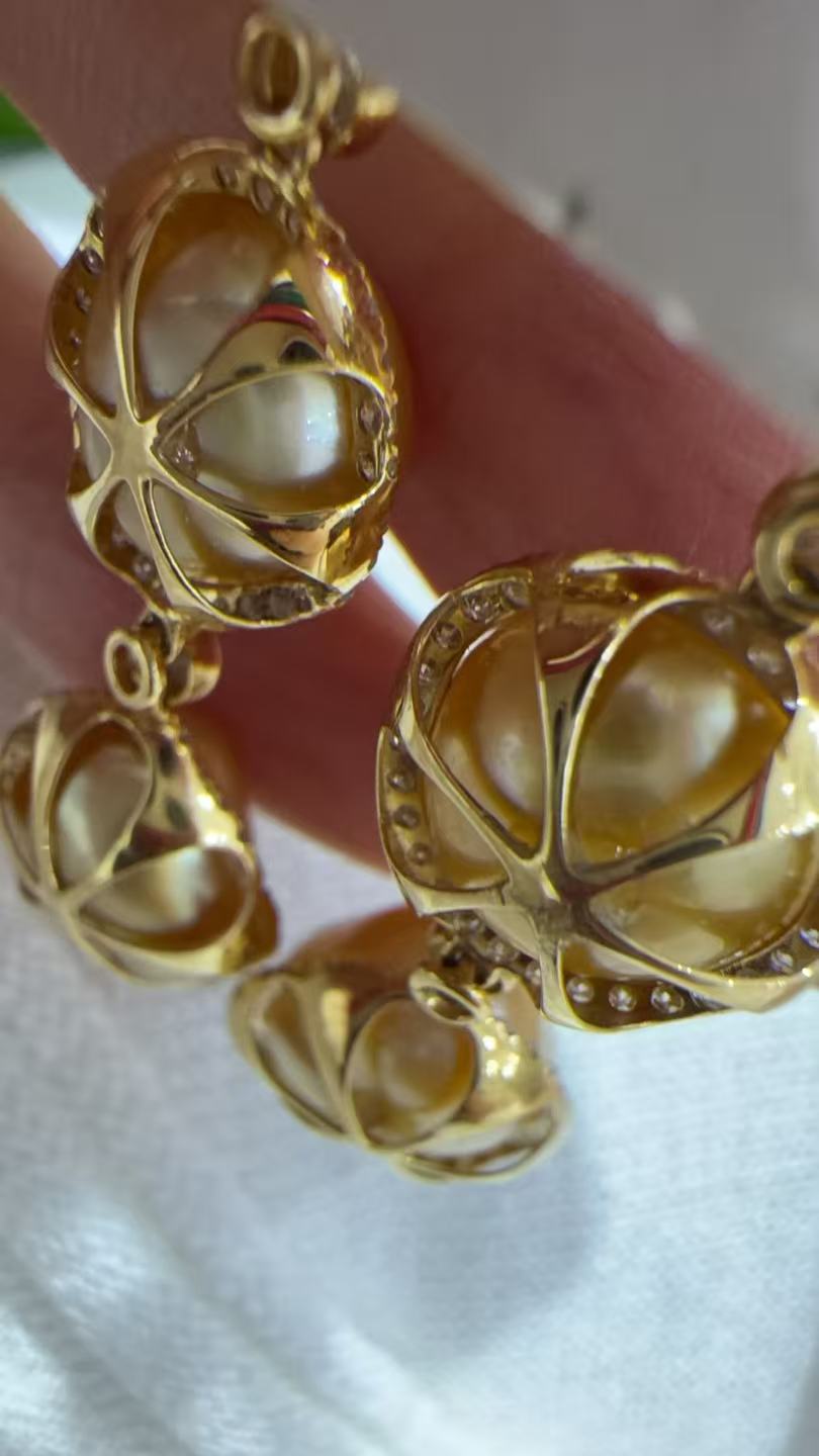 18K Gold & Natural Diamond - South Sea Golden Keshi Pearl Earrings | 8–10mm AAAA Grade