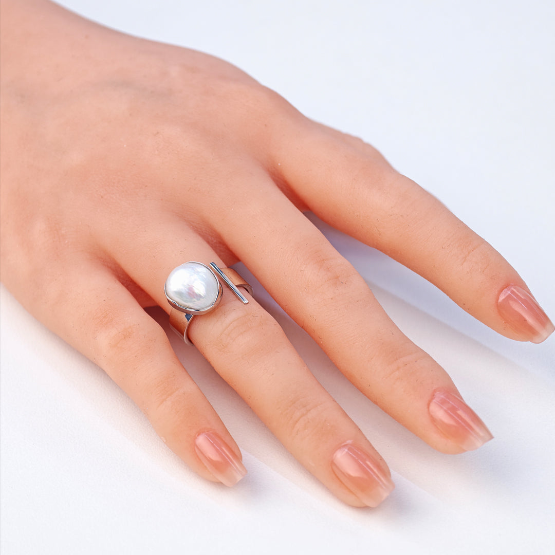 S925 Silver - White Freshwater Keshi Pearl Ring | 13–14mm AAA Grade