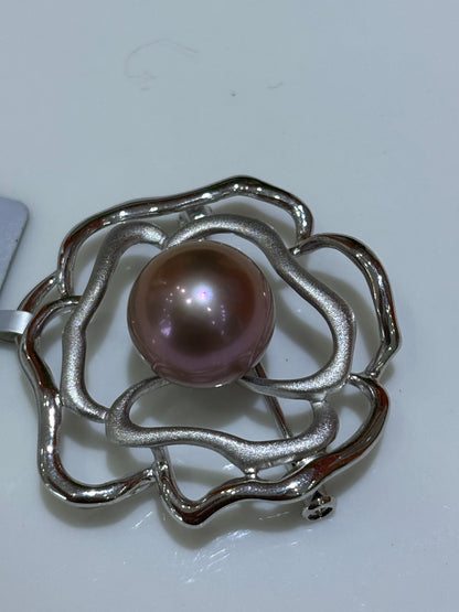 S925 Silver - Freshwater Edison Pearl Rose Brooch | 12–13mm AAA Grade