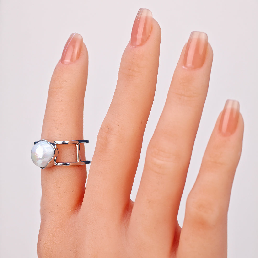 S925 Silver - White Freshwater Keshi Pearl Ring | 12–13mm AAA Grade