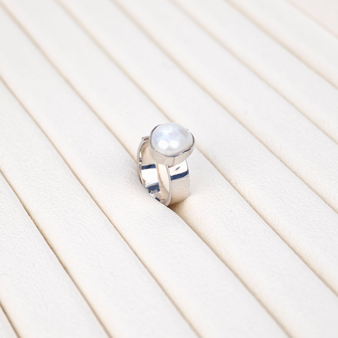S925 Silver - White Freshwater Keshi Pearl Ring | 13–14mm AAA Grade