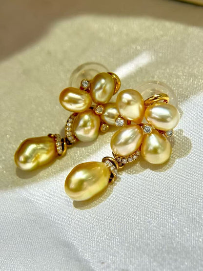 18K Gold - Golden South Sea Keshi Pearl Stud Earrings | 5–9mm AAAA Grade