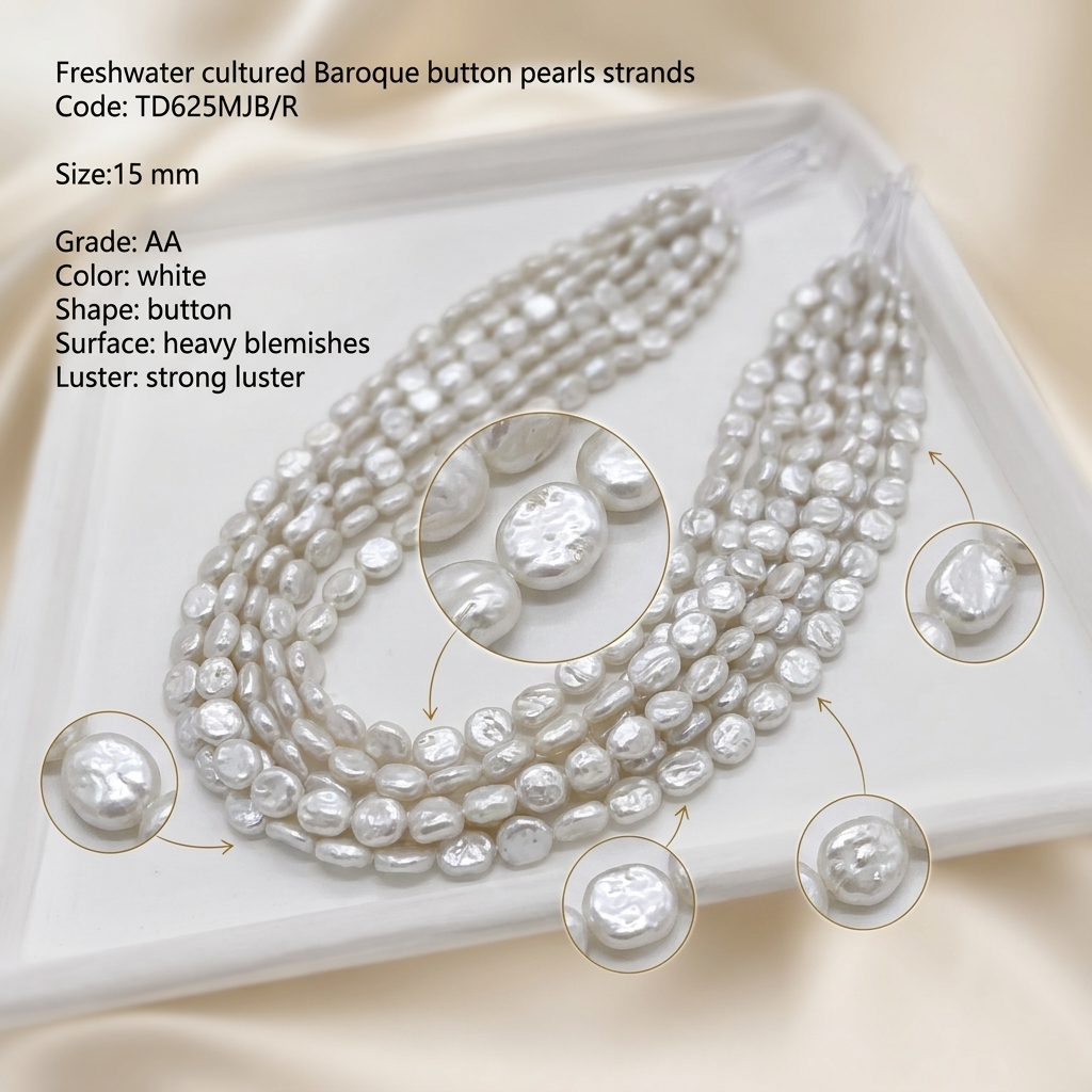 White Baroque Button Pearl Strand | 15mm AA Grade
