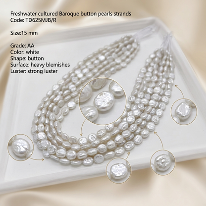 White Baroque Button Pearl Strand | 15mm AA Grade
