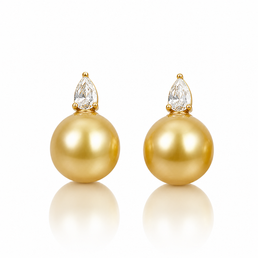 18K Gold & Lab-Grown Diamond - South Sea Golden Pearl Drop Earrings | 10–12mm AAAA Grade