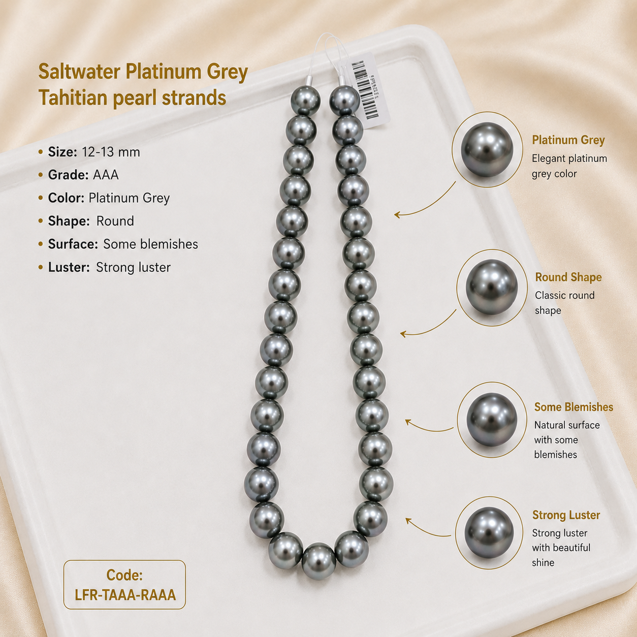 Platinum Grey Tahitian Pearl Strand | 12–13mm AAA Grade
