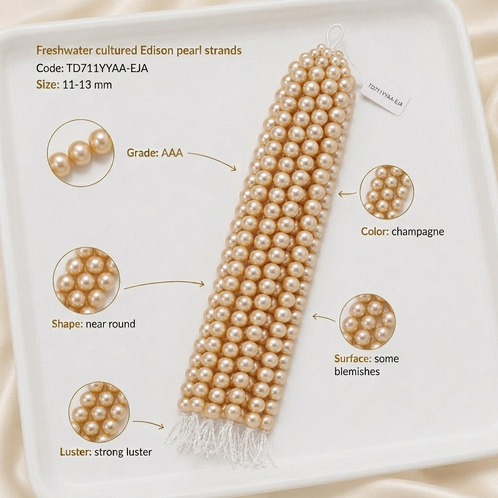 Champagne Freshwater Edison Pearl Strand | 11–13mm AAA Grade