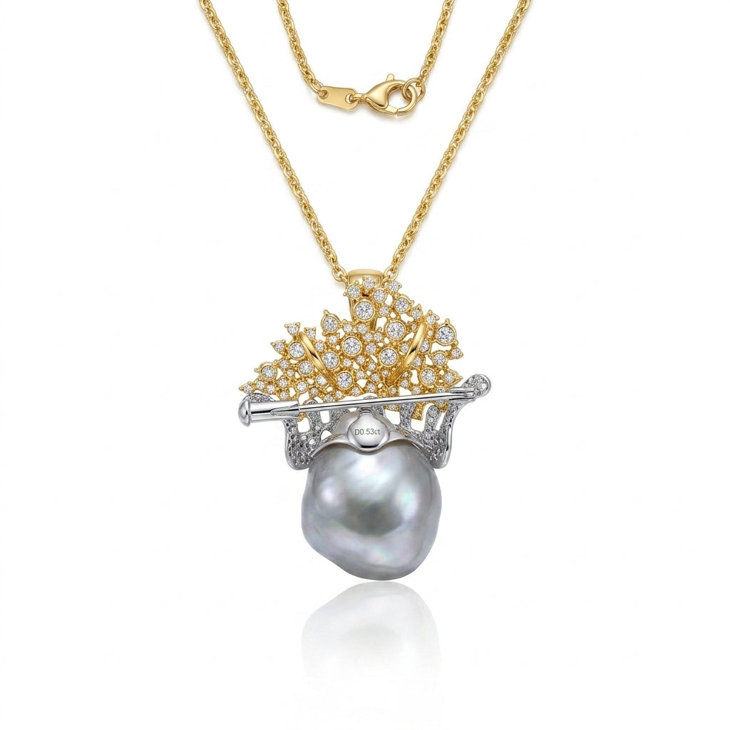 18K Gold - South Sea Baroque Pearl Convertible Brooch & Pendant | 17×21mm AAAA Grade