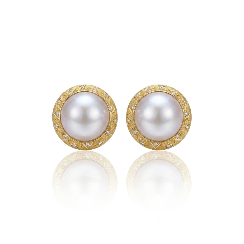 18K Gold & Natural Diamond - Saltwater Mabe Pearl Earrings | 16–17mm AAAA Grade