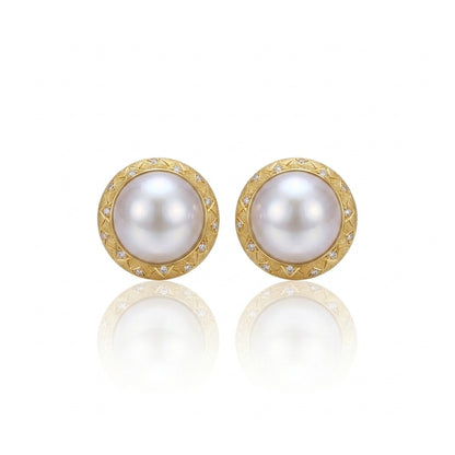 18K Gold & Natural Diamond - Saltwater Mabe Pearl Earrings | 16–17mm AAAA Grade