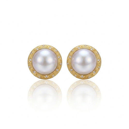 18K Gold & Natural Diamond - Saltwater Mabe Pearl Earrings | 16–17mm AAAA Grade