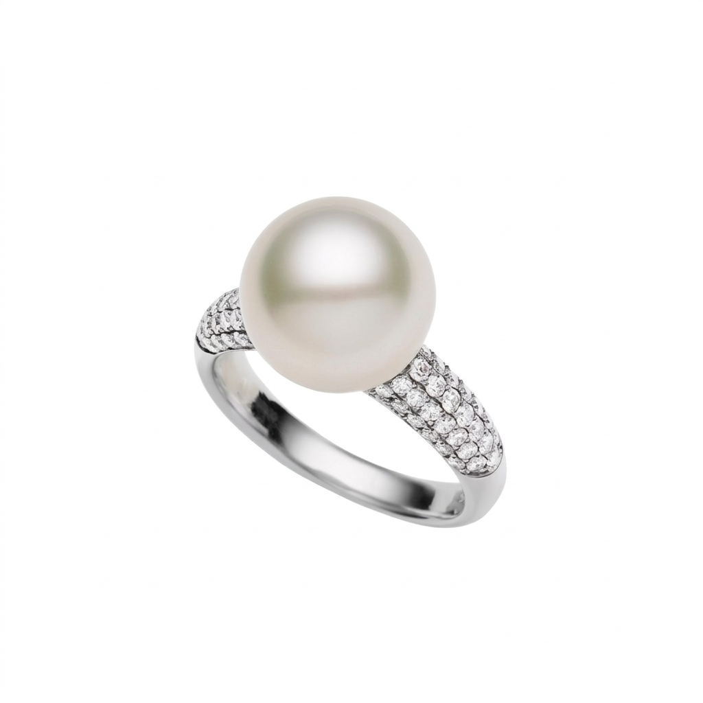 S925 Silver- Freshwater Pearl Ring with Sparkling Diamonds