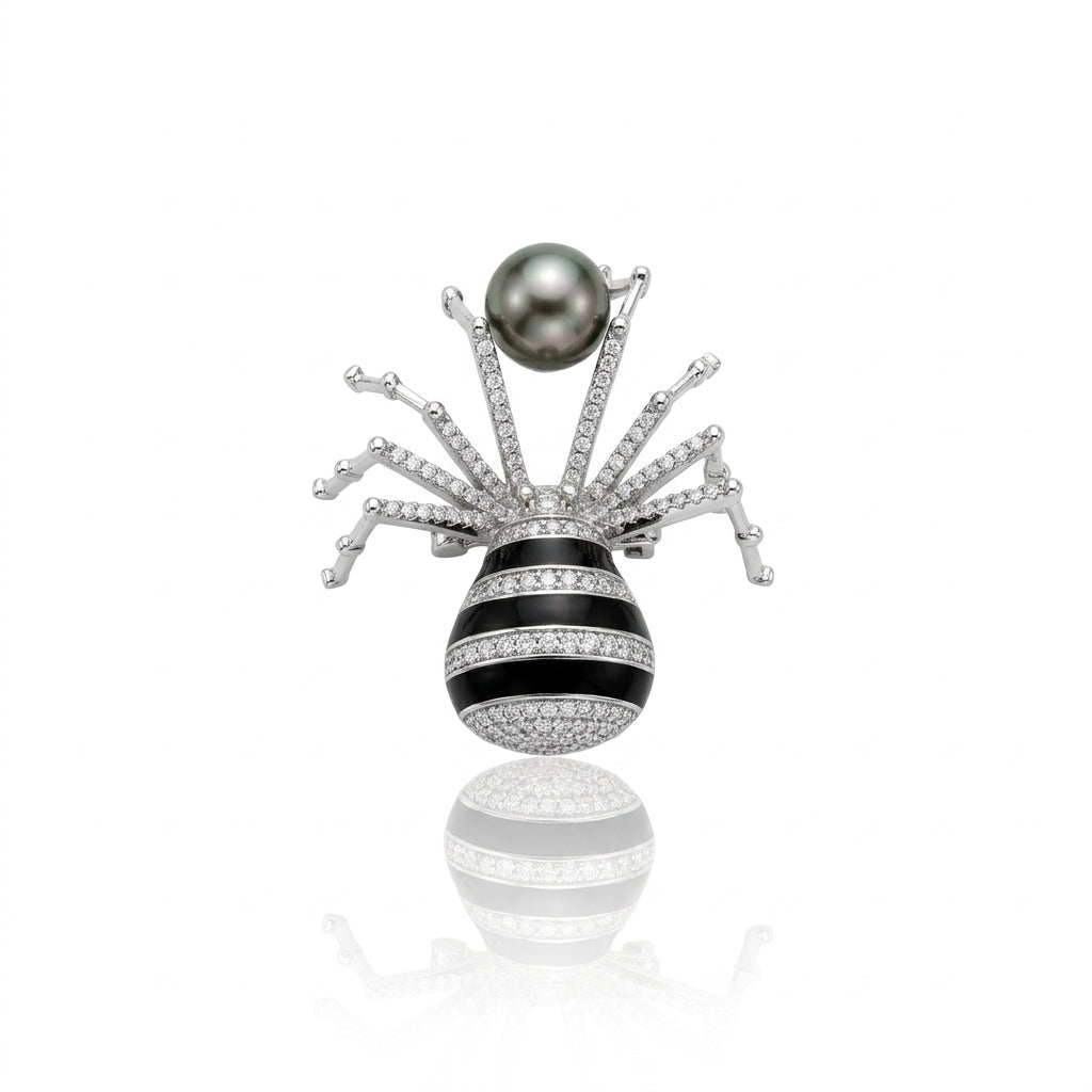 S925 Silver - Peacock Green Tahitian Pearl Nephila Brooch | 9–11mm AAA Grade