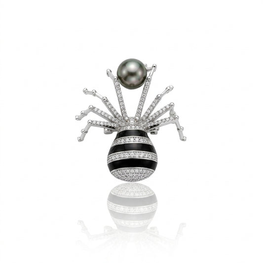 S925 Silver - Peacock Green Tahitian Pearl Nephila Brooch | 9–11mm AAA Grade