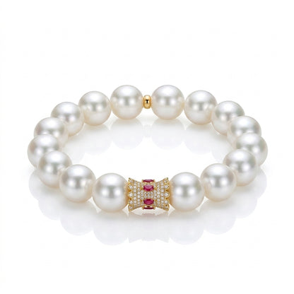 18K Gold & Diamond & Ruby - South Sea White Pearl Bracelet | 12.1–13.5mm AAAA Grade