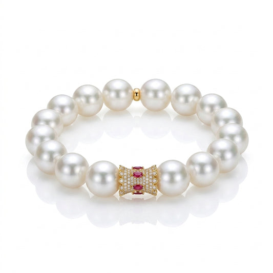 18K Gold & Diamond & Ruby - South Sea White Pearl Bracelet | 12.1–13.5mm AAAA Grade