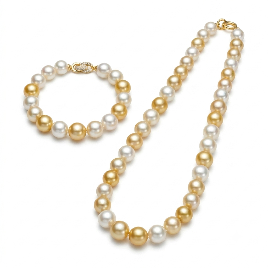 18K Gold - South Sea Golden Pearl Necklace & Bracelet Set
