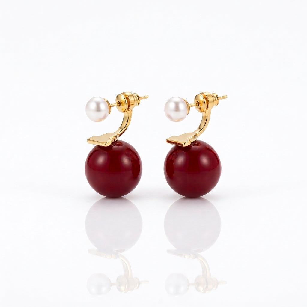 Red Accent - White Freshwater Pearl Earrings | 5–6mm AAA Grade