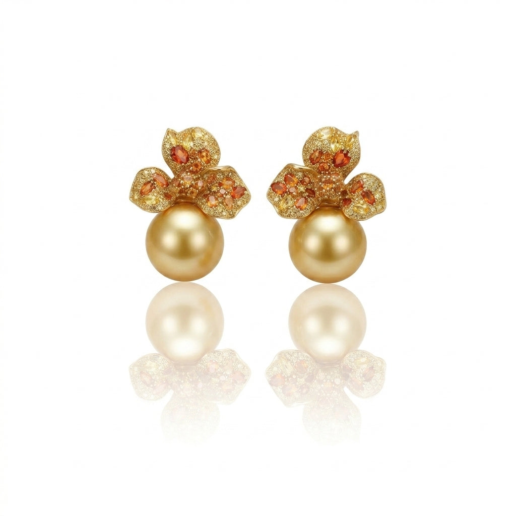 18K Gold & Natural Diamond - South Sea Golden Pearl Stud Earrings | 13–14mm AAAA Grade