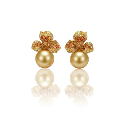 18K Gold & Natural Diamond - South Sea Golden Pearl Stud Earrings | 13–14mm AAAA Grade