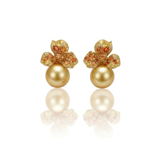 18K Gold & Natural Diamond - South Sea Golden Pearl Stud Earrings | 13–14mm AAAA Grade