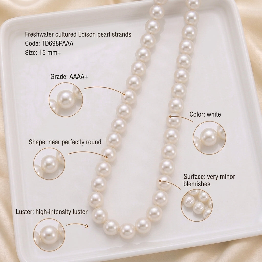 White Freshwater Edison Pearl Strand | 15mm+ AAAA+ Grade
