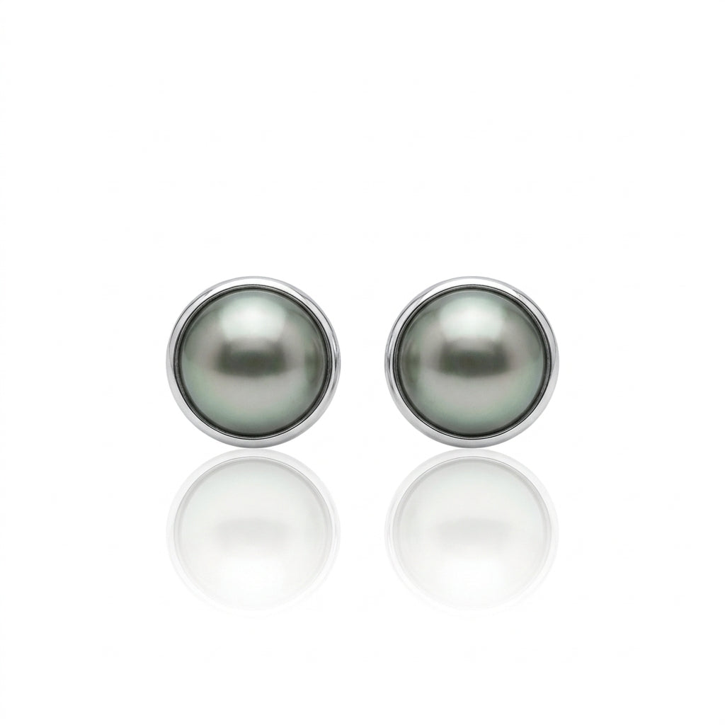 S925 Silver - Grey-Green Tahitian Pearl Earrings | 8–9mm AAA Grade