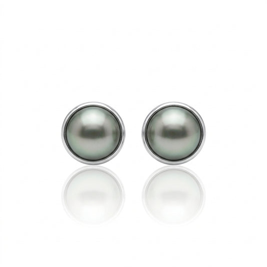 S925 Silver - Grey-Green Tahitian Pearl Earrings | 8–9mm AAA Grade