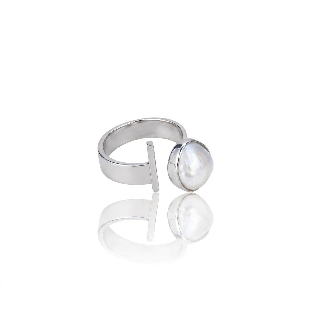 S925 Silver - White Freshwater Keshi Pearl Ring | 13–14mm AAA Grade