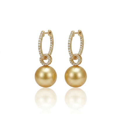 18K Gold & Natural Diamond - South Sea Golden Pearl Convertible Hoop Earrings | 13–14mm AAAA Grade