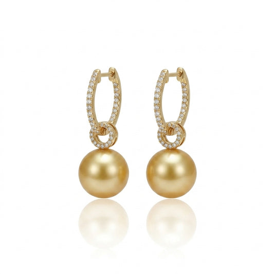 18K Gold & Natural Diamond - South Sea Golden Pearl Convertible Hoop Earrings | 13–14mm AAAA Grade